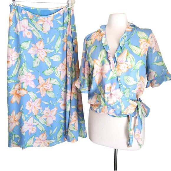 Vintage Lauren Ralph Lauren Floral Silk Blouse Maxi Skirt 2-PC Set Large 14 Wrap - Picture 1 of 16